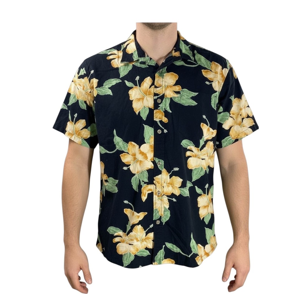 Cooke Street Hawaiian Aloha Shirt Large Hibiscus Tropical Flowers Black Yellow‎